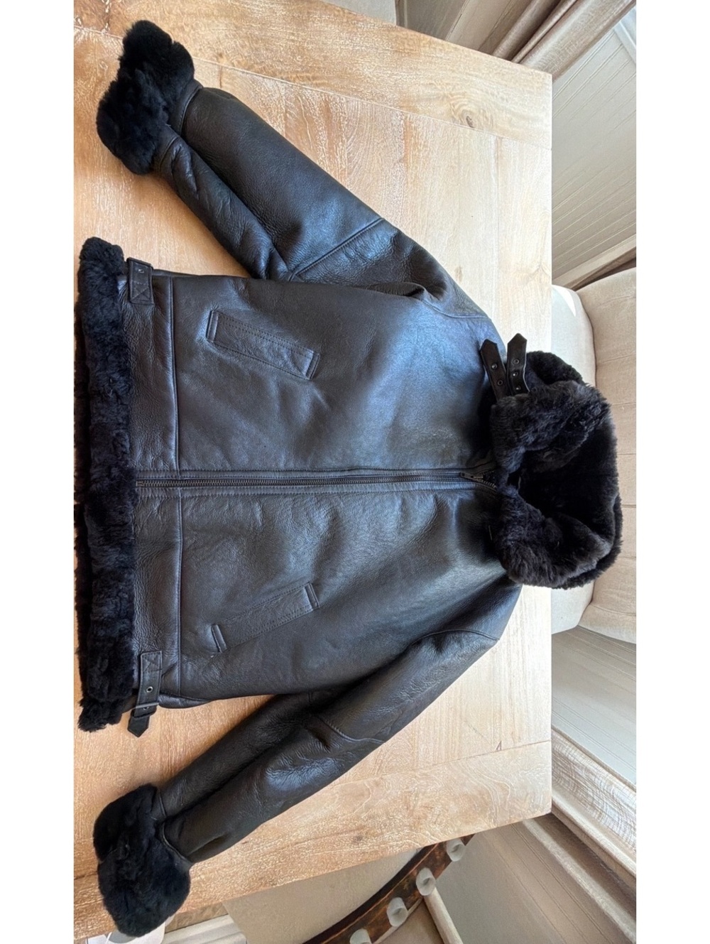 Vintage Genuine Shearling Leather Bomber Jacket Detachable Hood XL 2XL